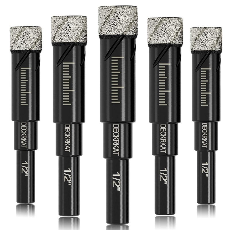 DECKRKAT Store 5 Packs Dry Diamond Drill Bits Set 1/2" 12mm Vacuum Brazed Diamond Hole Saws for Granite Tile Ceramic Marble Stone Glass and More Hard Materials (not for Wood), Round Shank with Storage Case - Image 1